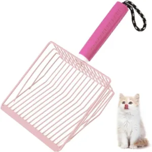 Cat Litter Scoop,Metal, Bar Grid Shape with Suspendable Cord (Pink)