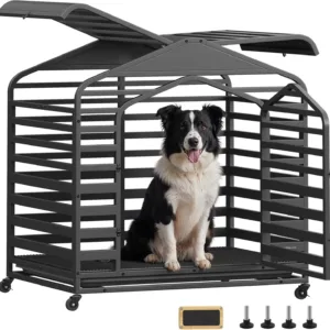 Heavy-Duty Dog Crate, XL Dog Cage for Large Dogs, Escape Proof Dog Kennel with Pointed Roof, Removable Tray, Lockable Wheels,