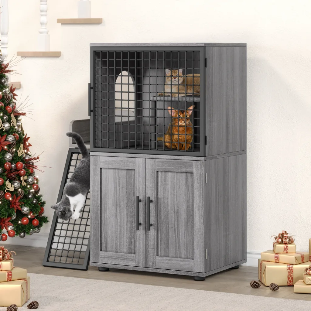 Cat Litter Box Enclosure with Platform, Double Layer Cat Litter Hidden Furniture, Modern Villa Cat Cabinet with Ladder For Cat