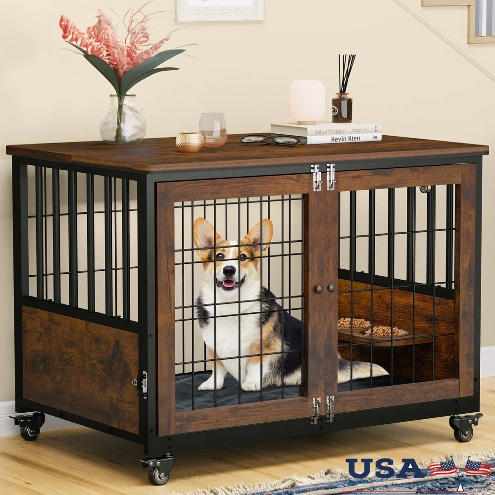 Wooden Dog Crate Indoor Furniture 32 Inch Double Door Kennel with Divider and Rotating Bowls Small Medium Breeds