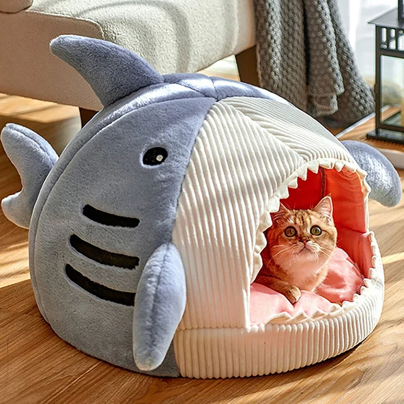 Warm Cat Beds Cartoon Shark Pet Cave Beds Sweet Kittens Basket Cushion Cat Pillow Mat Tent Puppy Nest Cave Pet Goods Cat sofa