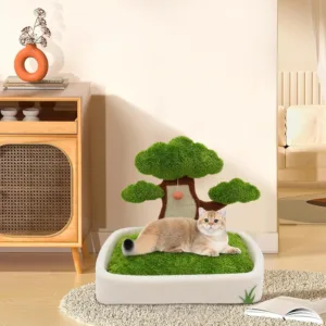 Luxury Cat House with Pine Tree Scratching Post, 24.8" Plush Velvet Bed & Sisal Scratcher for Indoor Cats, Includes Dangling Toy