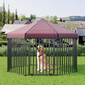 Outdoor Dog Kennel with Roof, Outdoor Dog Playpen with Metal Gate, Heavy Duty Octagon Dog Pen with Lock for Outdoor Dog Backyard