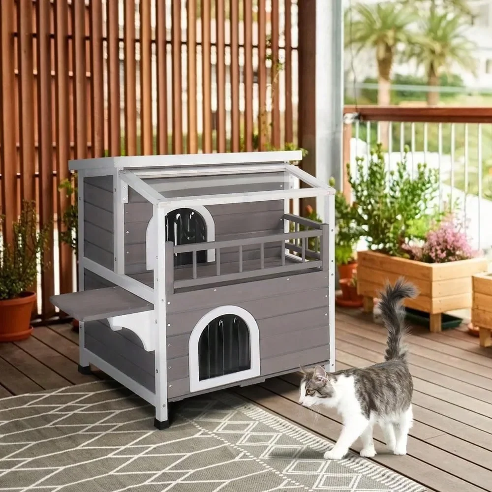 Outdoor Feral Cat House Kitty Shelter with Balcony Escape Door Waterproof