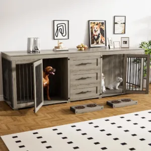 Dog Crate Furniture, Large Dog Kennel Furniture with 3 Storage Drawer,Wooden Dog Cage with 4 Bowls,Dog House TV Stand with Locks